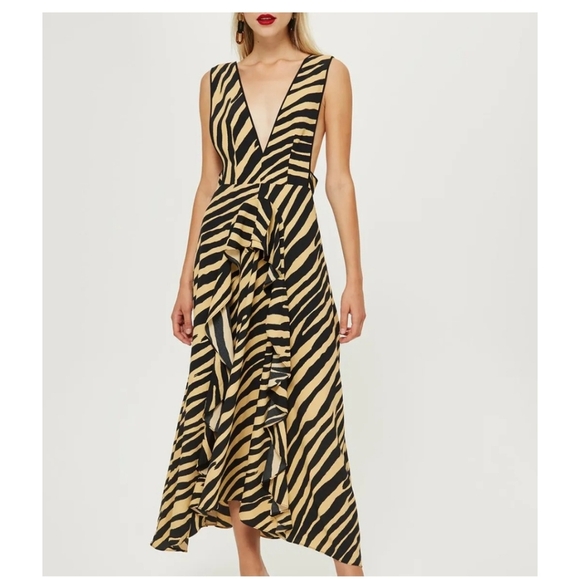 TOPSHOP Black And Tan Zebra Print Pinafore Dress Size 8 - Picture 1 of 7